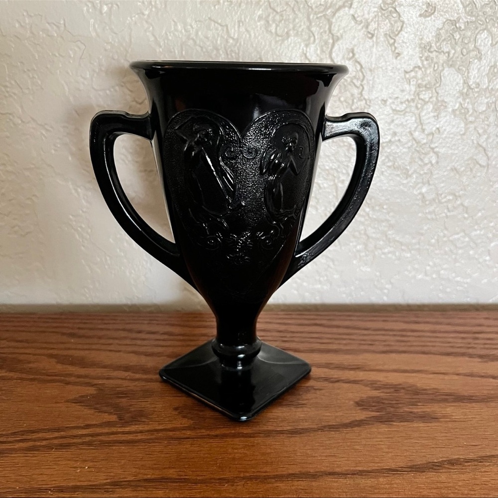Vintage L.E. Smith Black Amethyst Glass Trophy Vase “Dancing Nymphs”